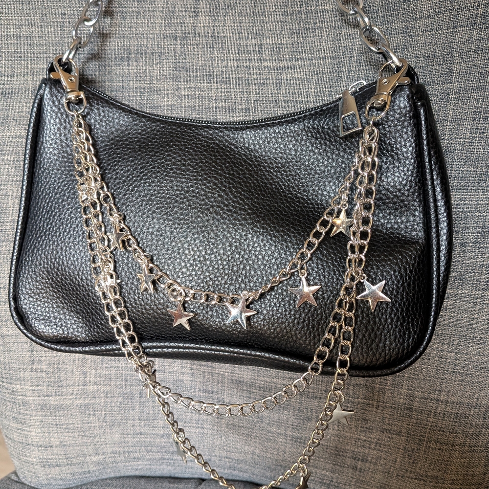Black Faux Leather Bag with Silver Chain Accents